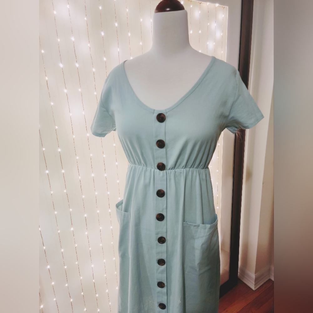 NWOT Light Blue-Mint Button Down Dress, Pockets - Picture 4 of 9